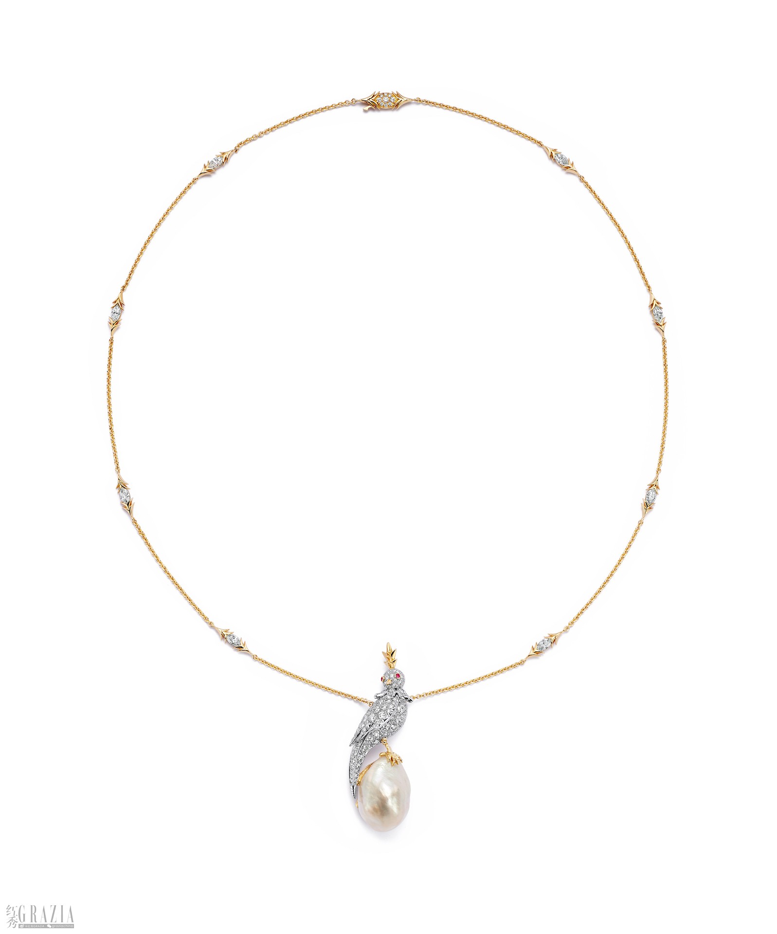 Tiffany & Co. 蒂芙尼Schlumberger™高级珠宝系列铂金及18K黄金镶嵌一颗重逾30克拉的白色巴洛克天然海水珍珠，钻石及粉色蓝宝石Bird on a Pearl吊坠.jpg