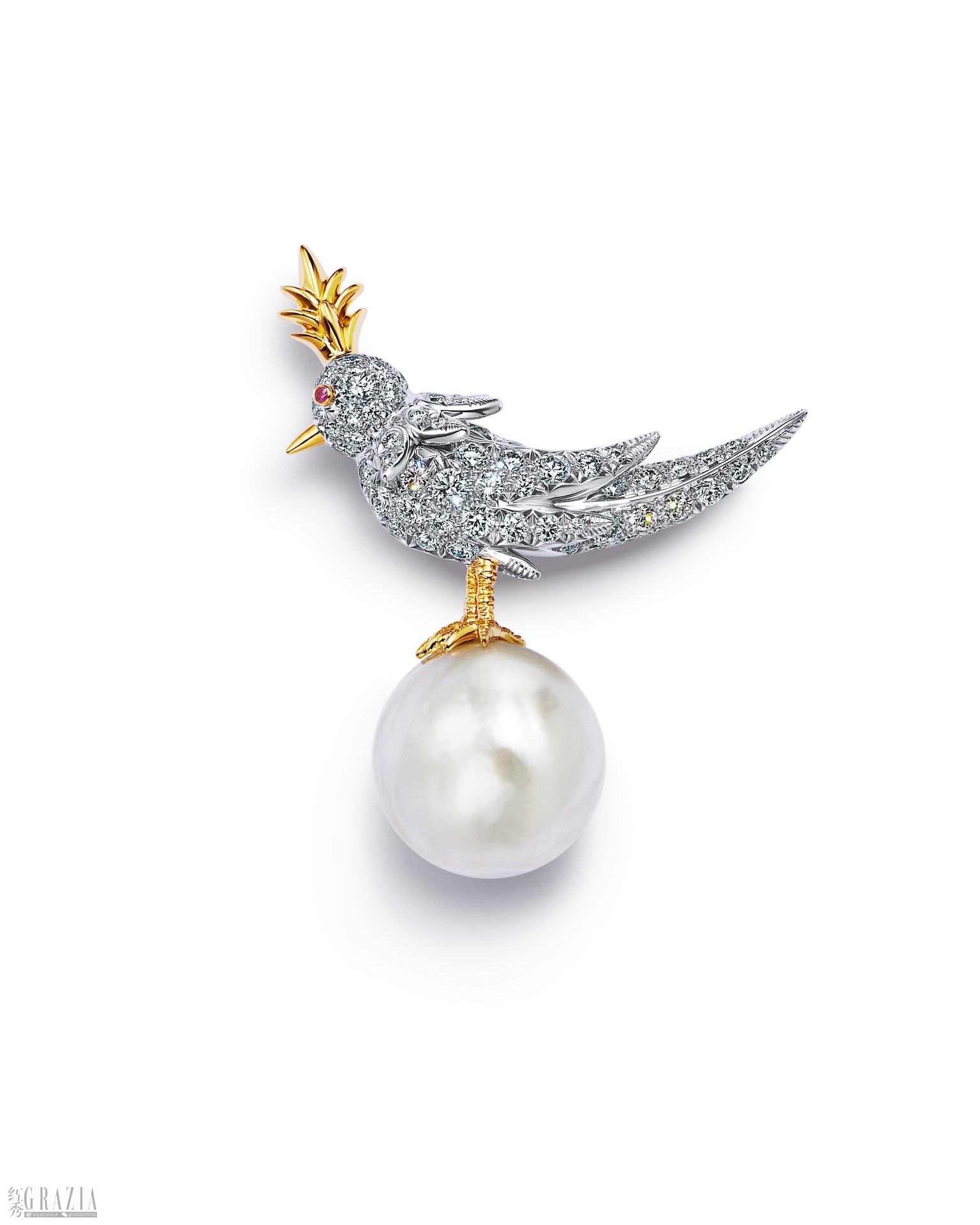 Tiffany & Co. 蒂芙尼Schlumberger™高级珠宝系列铂金及18K黄金镶嵌一颗重逾26克拉的白色纽扣形天然海水珍珠，钻石及粉色蓝宝石Bird on a Pearl胸针.jpg