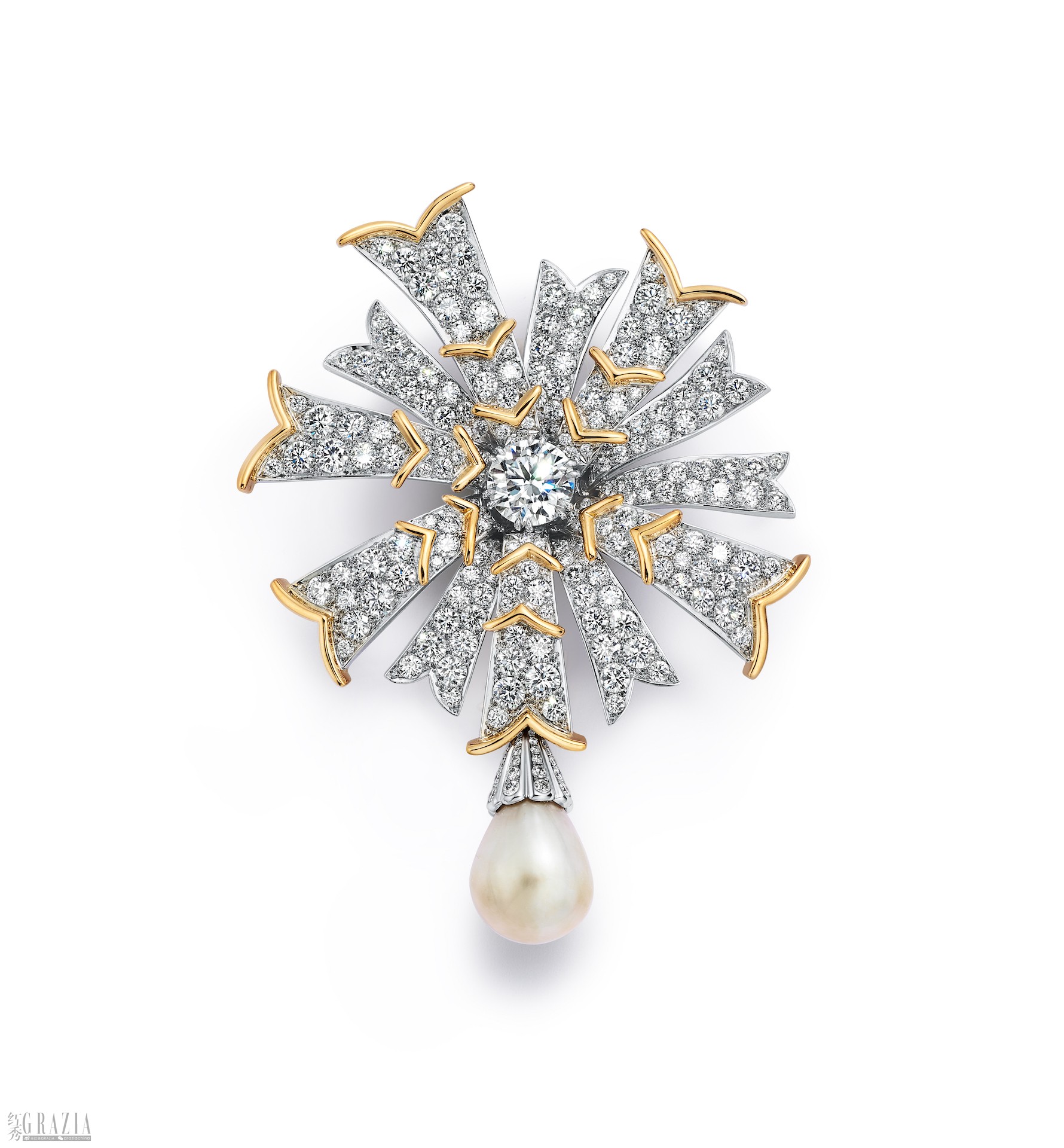 Tiffany & Co. 蒂芙尼Schlumberger™高级珠宝系列铂金及18K黄金镶嵌一颗重逾16克拉的奶油色水滴形天然海水珍珠及钻石缎带造型胸针.jpg